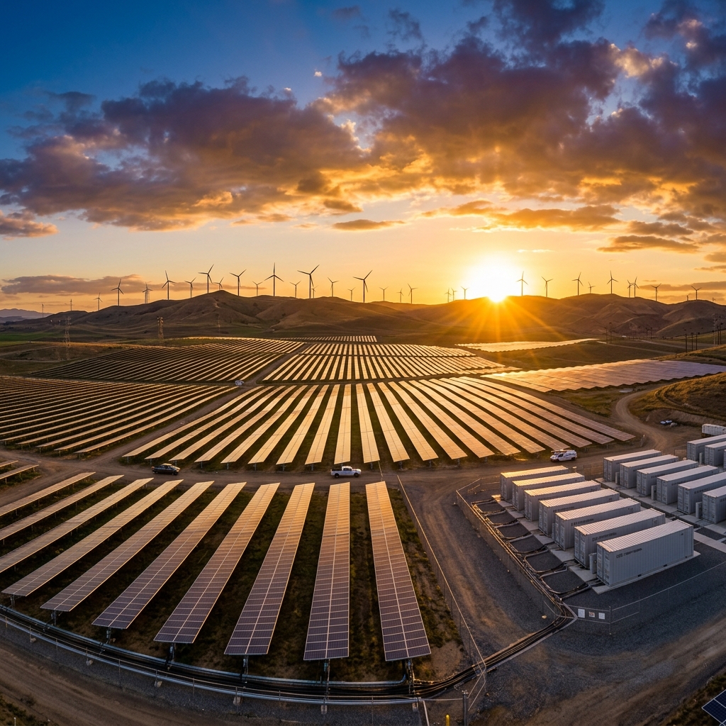 Solar farm and wind turbines at sunset